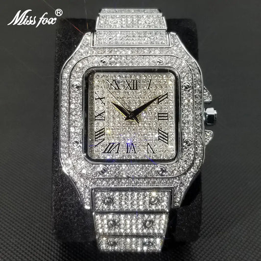 MISSFOX Ice Out montre carrée pour hommes haut de gamme de luxe plein diamant hommes montres Ultra mince étanche Hip Hop horloge livraison directe